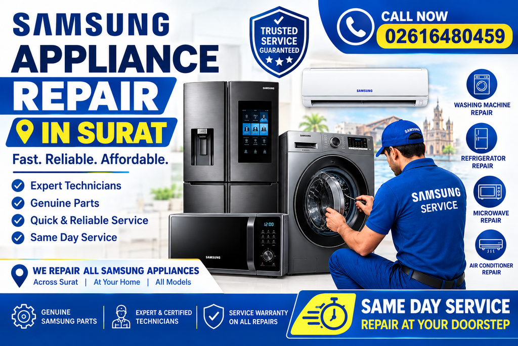 Samsung Front Load Washing Machine Repair We Provide Professional And Reliable Samsung Home Appliance Repair Services Across Surat, Gujarat. Our Experienced Technicians Are Skilled In Diagnosing And Repairing A Wide Range Of Samsung Appliances, Including Washing Machines, Refrigerators, Air Conditioners, Microwave Ovens, Dishwashers, Clothes Dryers, And Smart Tvs. We Offer Convenient Doorstep Repair Service, Transparent Pricing, Quality Spare Parts, And Dependable Solutions For Common Appliance Problems.